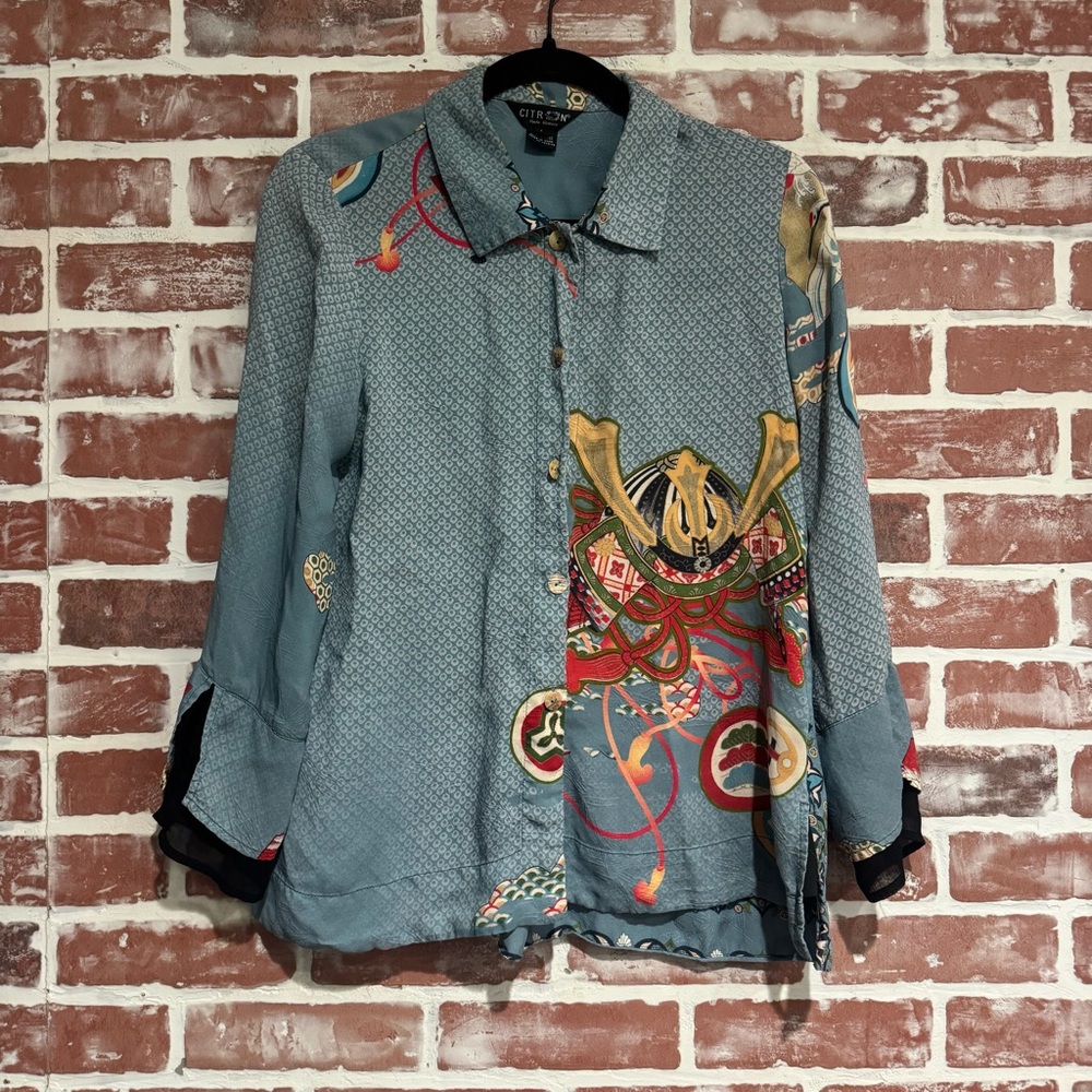 Citron Santa Monica Silk Samurai Print Button Shirt Blue Asian Art Blouse S
